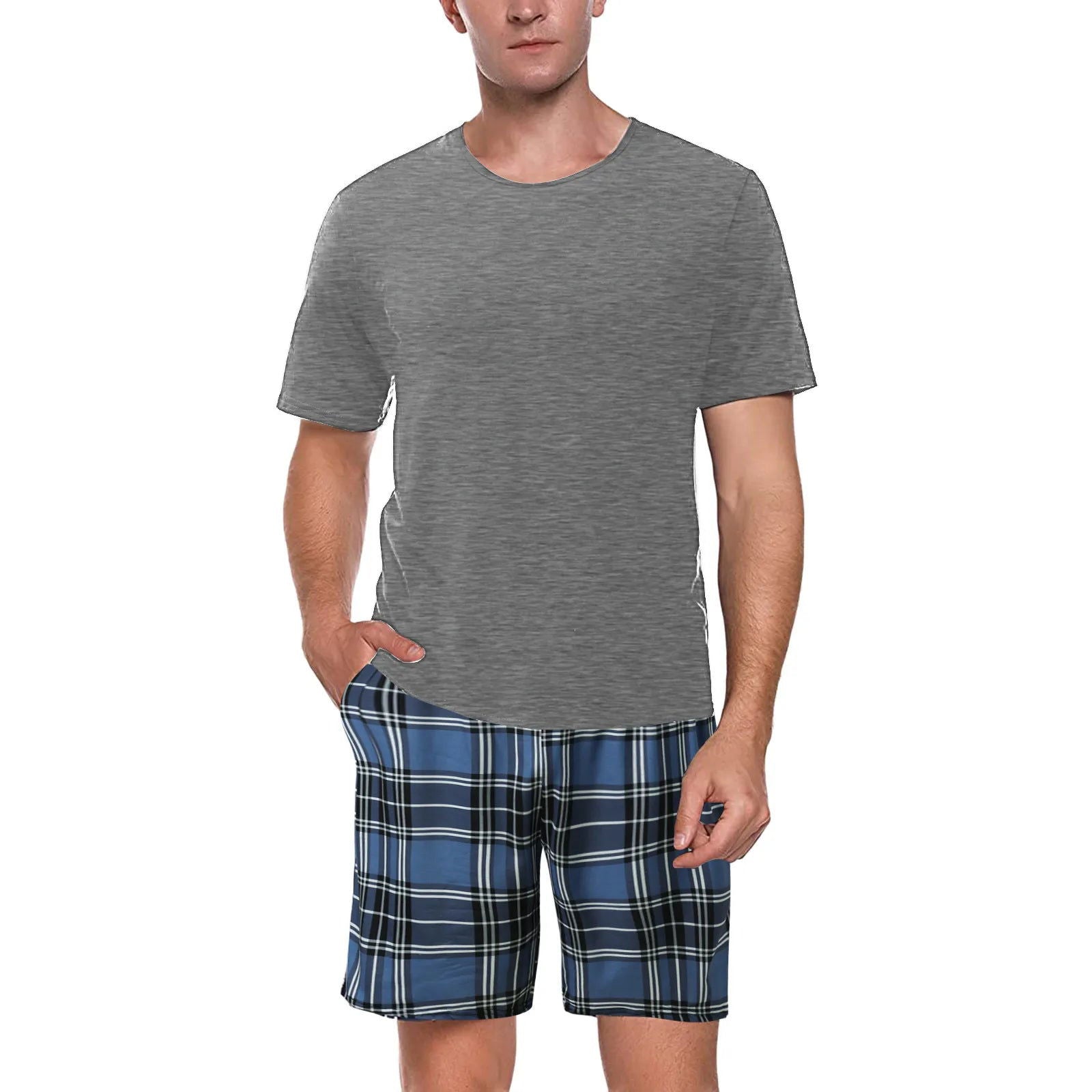 Mens 2 Piece Set Solid Short Sleeve Plaid Shorts Suit Streetwear - Fashionqueene.com-outfit set