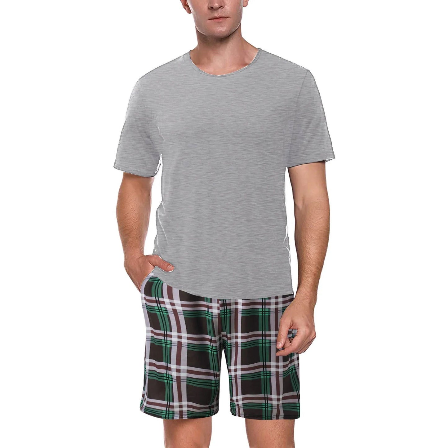 Mens 2 Piece Set Solid Short Sleeve Plaid Shorts Suit Streetwear - Fashionqueene.com-outfit set