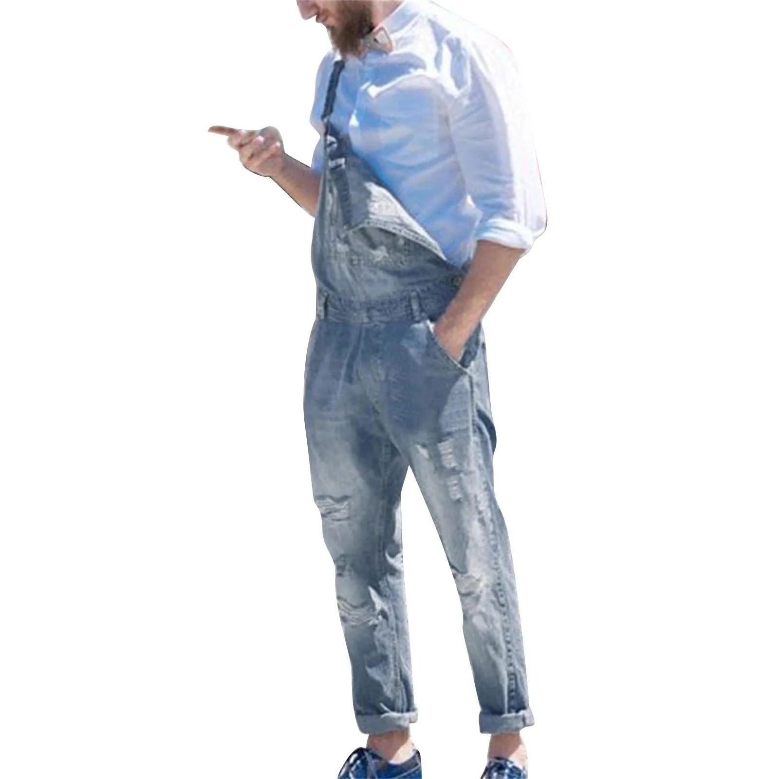 Mens Jeans Loose Ripped Jeans Baggy Washed Denim Jumpsuit - Fashionqueene.com-jumpsuit