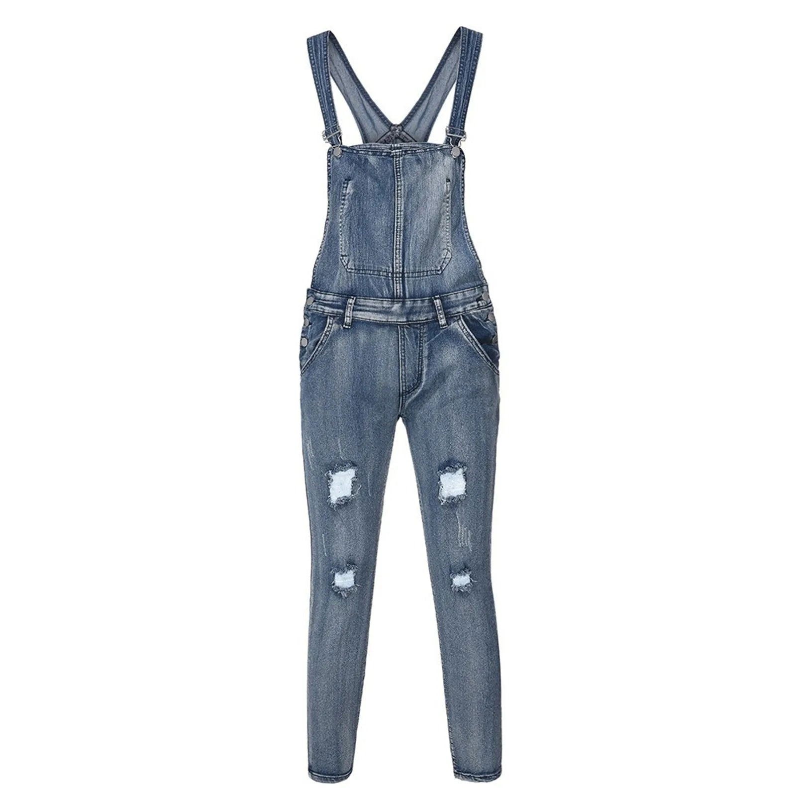 Mens Jeans Loose Ripped Jeans Baggy Washed Denim Jumpsuit - Fashionqueene.com-jumpsuit