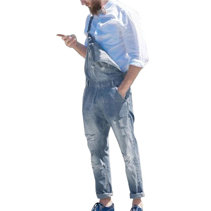 Mens Jeans Loose Ripped Jeans Baggy Washed Denim Jumpsuit - Fashionqueene.com-jumpsuit