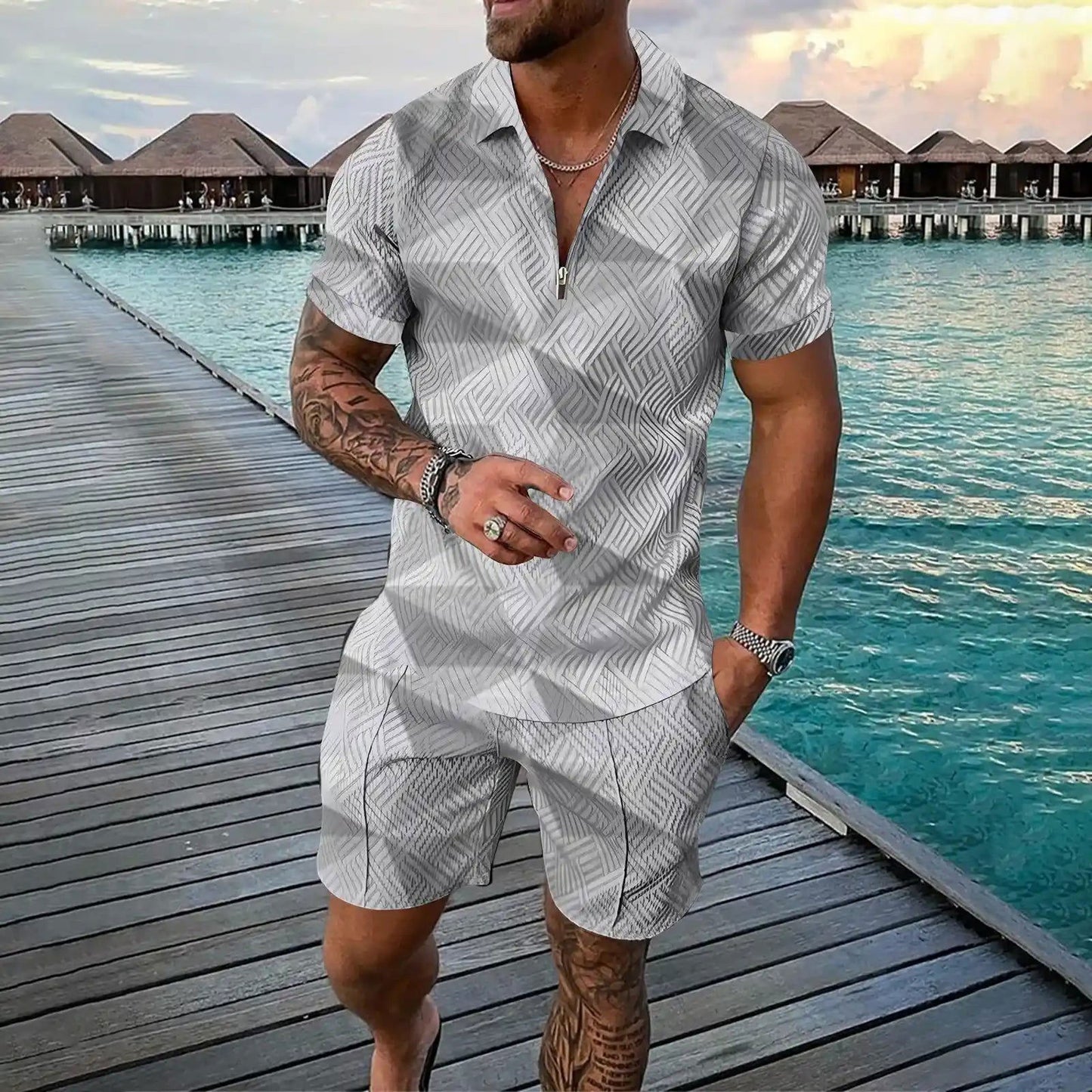 Mens Short Sleeve Casual Shirt And Shorts Sets Two Piece Stripe Suit Fashion Suits Prom Suits for Men Slim Fit Mens Dress Set - Fashionqueene.com-outfit set