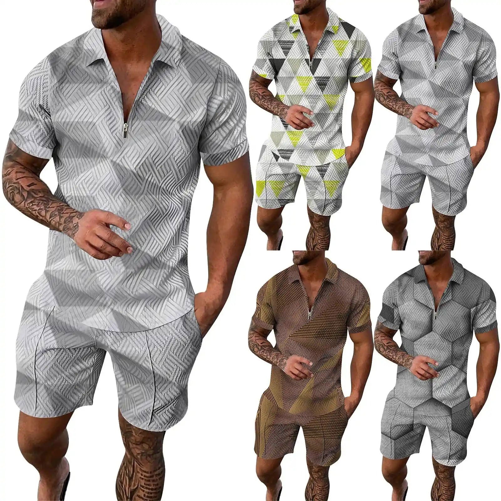 Mens Short Sleeve Casual Shirt And Shorts Sets Two Piece Stripe Suit Fashion Suits Prom Suits for Men Slim Fit Mens Dress Set - Fashionqueene.com-outfit set