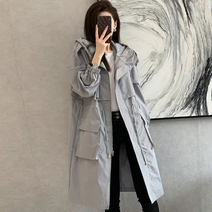 New 2021 Spring Autumn Long Trench Coat Women Loose Hooded Overcoat Female Adjustable Waist Outerwear Korean Fashion Windbreaker - Fashionqueene.com-windbreaker