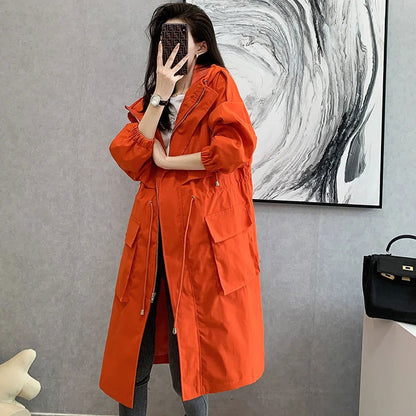 New 2021 Spring Autumn Long Trench Coat Women Loose Hooded Overcoat Female Adjustable Waist Outerwear Korean Fashion Windbreaker - Fashionqueene.com-windbreaker