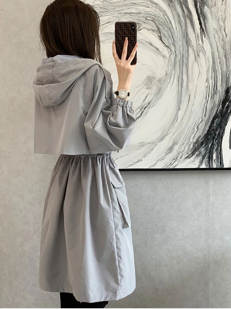 New 2021 Spring Autumn Long Trench Coat Women Loose Hooded Overcoat Female Adjustable Waist Outerwear Korean Fashion Windbreaker - Fashionqueene.com-windbreaker