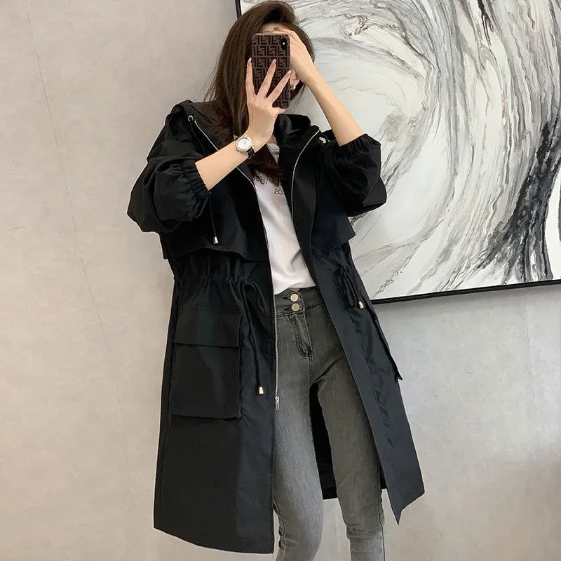 New 2021 Spring Autumn Long Trench Coat Women Loose Hooded Overcoat Female Adjustable Waist Outerwear Korean Fashion Windbreaker - Fashionqueene.com-windbreaker