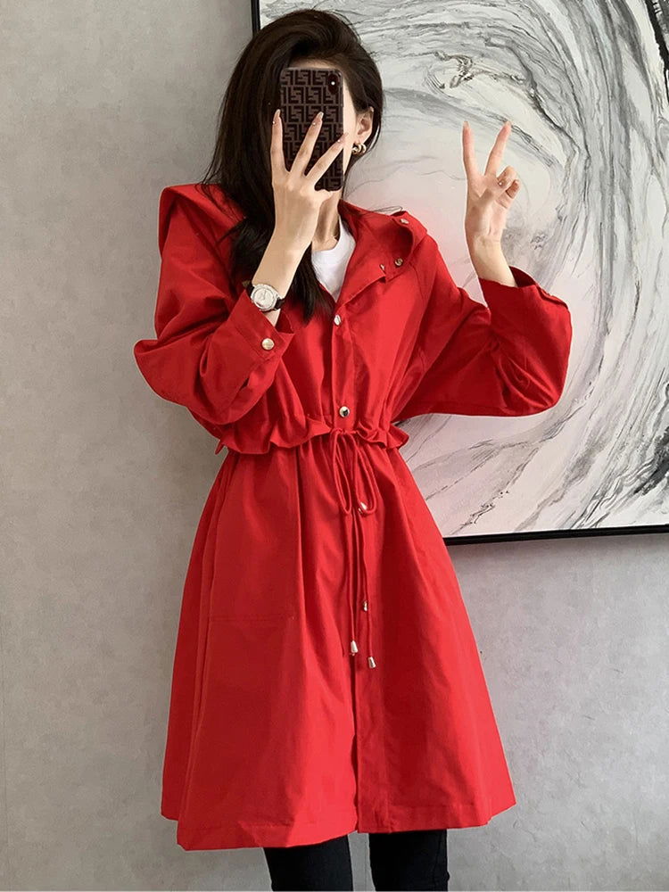 New 2021 Spring Autumn Long Trench Coat Women Loose Hooded Overcoat Female Adjustable Waist Outerwear Korean Fashion Windbreaker - Fashionqueene.com-windbreaker