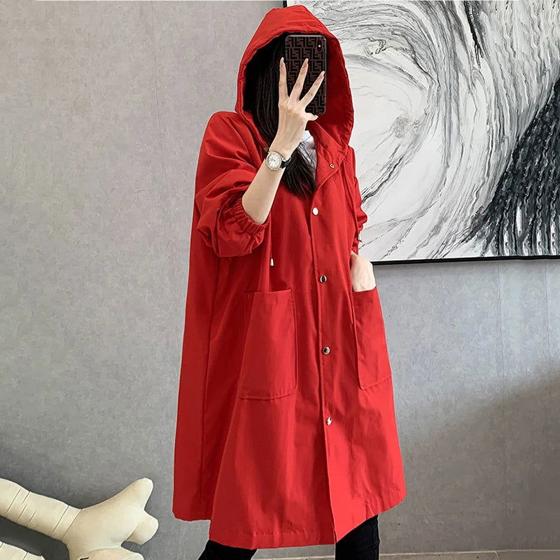 New 2021 Spring Autumn Long Trench Coat Women Loose Hooded Overcoat Female Adjustable Waist Outerwear Korean Fashion Windbreaker - Fashionqueene.com-windbreaker