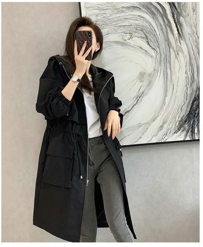 New 2021 Spring Autumn Long Trench Coat Women Loose Hooded Overcoat Female Adjustable Waist Outerwear Korean Fashion Windbreaker - Fashionqueene.com-windbreaker