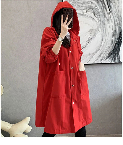 New 2021 Spring Autumn Long Trench Coat Women Loose Hooded Overcoat Female Adjustable Waist Outerwear Korean Fashion Windbreaker - Fashionqueene.com-windbreaker