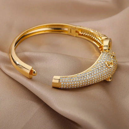 New Fashion Hip Hop Animal Bracelet Jewelry Women Men Exaggerated Cubic Zirconia Luxury Leopard Head Design Bangles Party Gift - Fashionqueene.com-hip hop bracelet