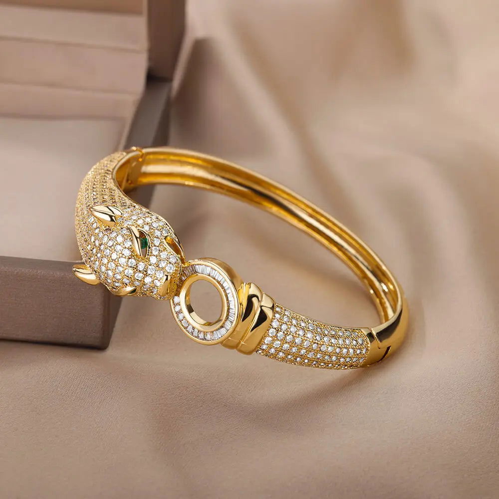 New Fashion Hip Hop Animal Bracelet Jewelry Women Men Exaggerated Cubic Zirconia Luxury Leopard Head Design Bangles Party Gift - Fashionqueene.com-hip hop bracelet