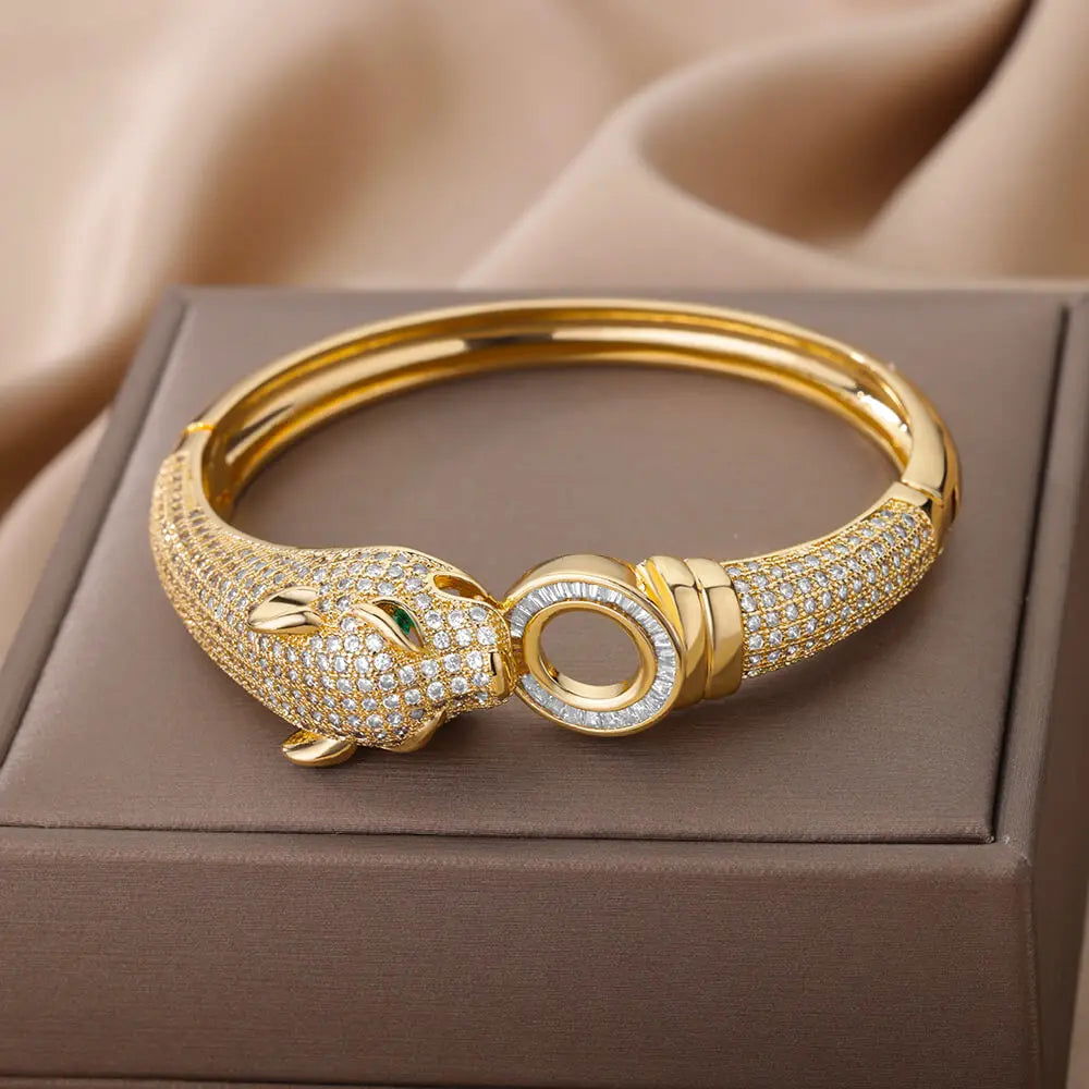 New Fashion Hip Hop Animal Bracelet Jewelry Women Men Exaggerated Cubic Zirconia Luxury Leopard Head Design Bangles Party Gift - Fashionqueene.com-hip hop bracelet