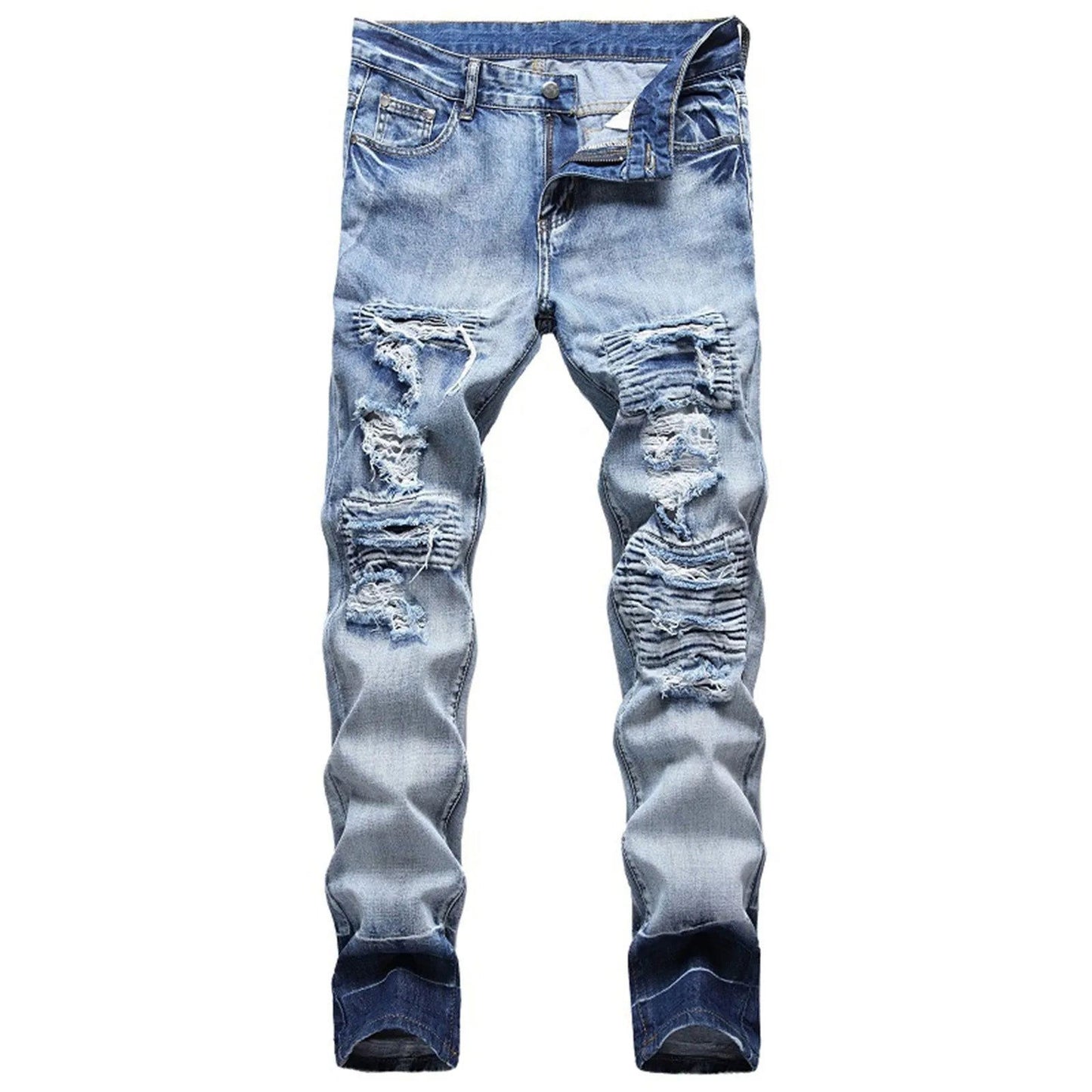 New Straight Stick Fabric Ripped Jeans Personality Light Trend Jeans High Waist Slim Solid Color Light Blue Pants - Fashionqueene.com-high waist jeans