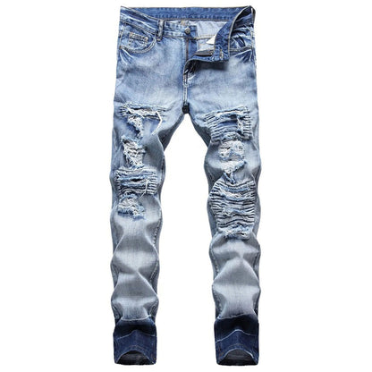 New Straight Stick Fabric Ripped Jeans Personality Light Trend Jeans High Waist Slim Solid Color Light Blue Pants - Fashionqueene.com-high waist jeans