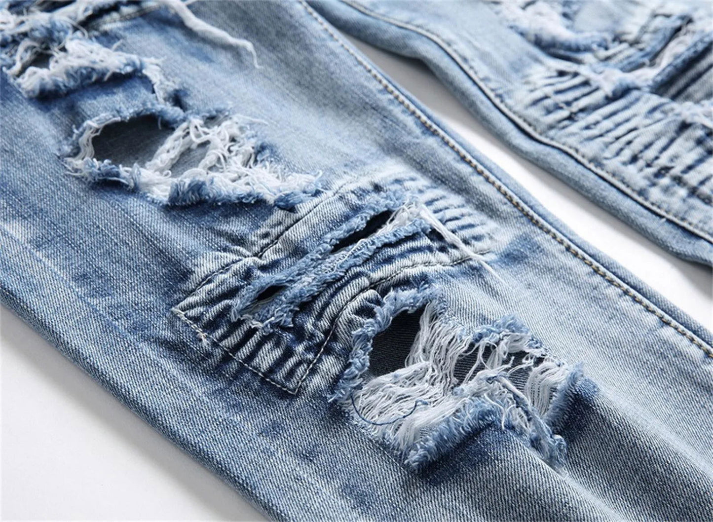 New Straight Stick Fabric Ripped Jeans Personality Light Trend Jeans High Waist Slim Solid Color Light Blue Pants - Fashionqueene.com-high waist jeans