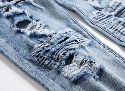 New Straight Stick Fabric Ripped Jeans Personality Light Trend Jeans High Waist Slim Solid Color Light Blue Pants - Fashionqueene.com-high waist jeans