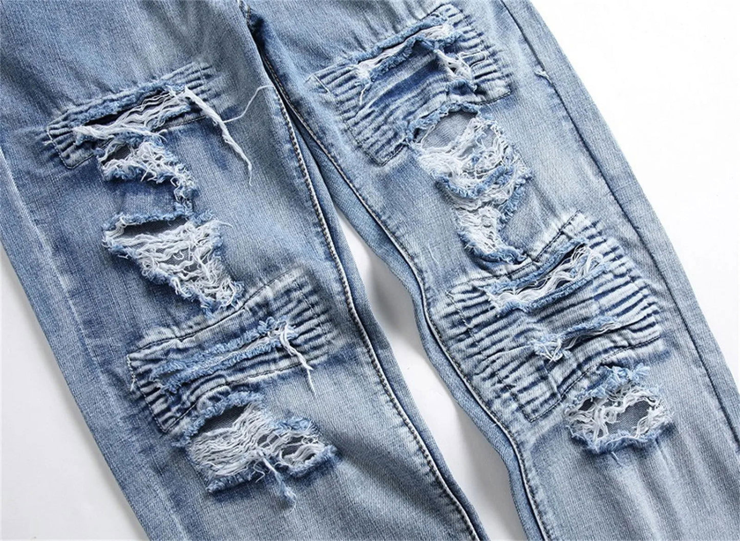 New Straight Stick Fabric Ripped Jeans Personality Light Trend Jeans High Waist Slim Solid Color Light Blue Pants - Fashionqueene.com-high waist jeans