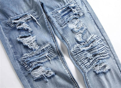 New Straight Stick Fabric Ripped Jeans Personality Light Trend Jeans High Waist Slim Solid Color Light Blue Pants - Fashionqueene.com-high waist jeans