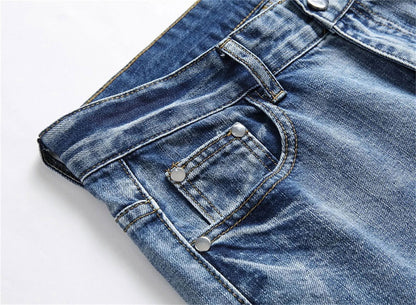 New Straight Stick Fabric Ripped Jeans Personality Light Trend Jeans High Waist Slim Solid Color Light Blue Pants - Fashionqueene.com-high waist jeans