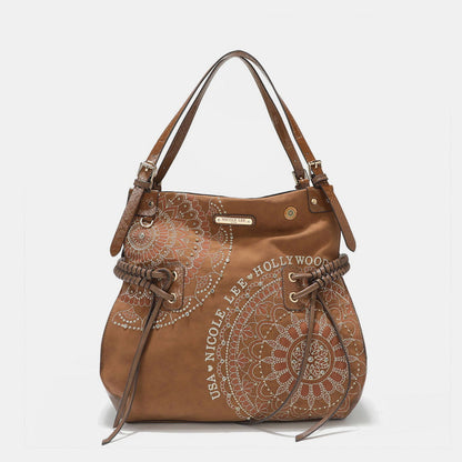 Nicole Lee USA Side Braided Tassel Inlaid Rhinestone Embroidery Hobo Bag - Fashionqueene.com-Nicole Lee USA Side Braided Tassel Inlaid Rhinestone Embroidery Hobo Bag