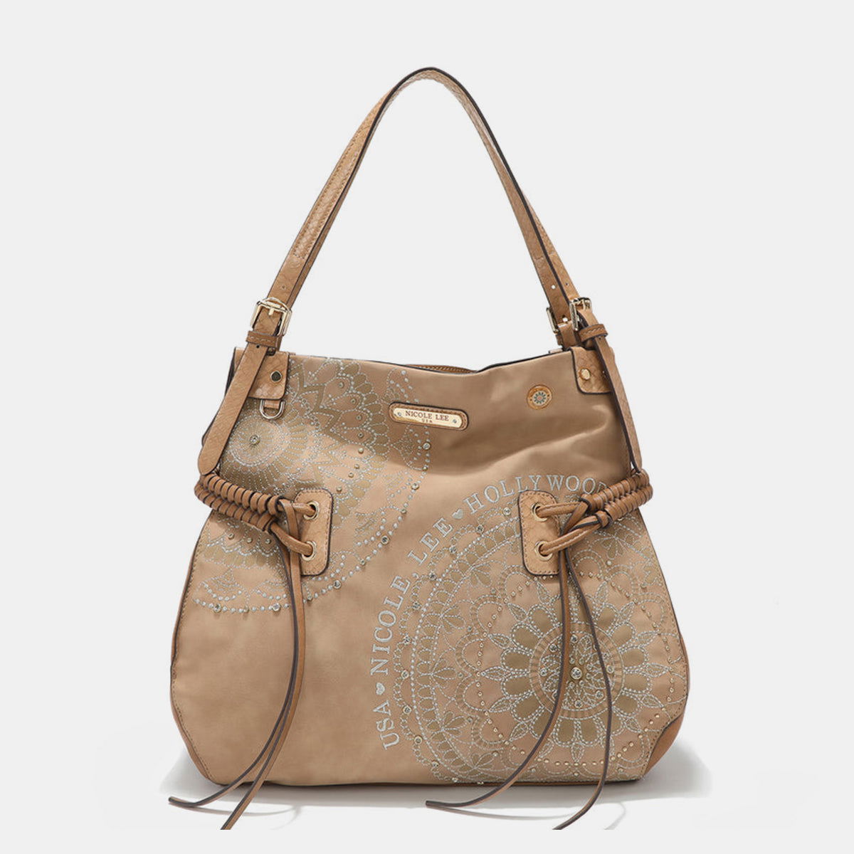 Nicole Lee USA Side Braided Tassel Inlaid Rhinestone Embroidery Hobo Bag - Fashionqueene.com-Nicole Lee USA Side Braided Tassel Inlaid Rhinestone Embroidery Hobo Bag