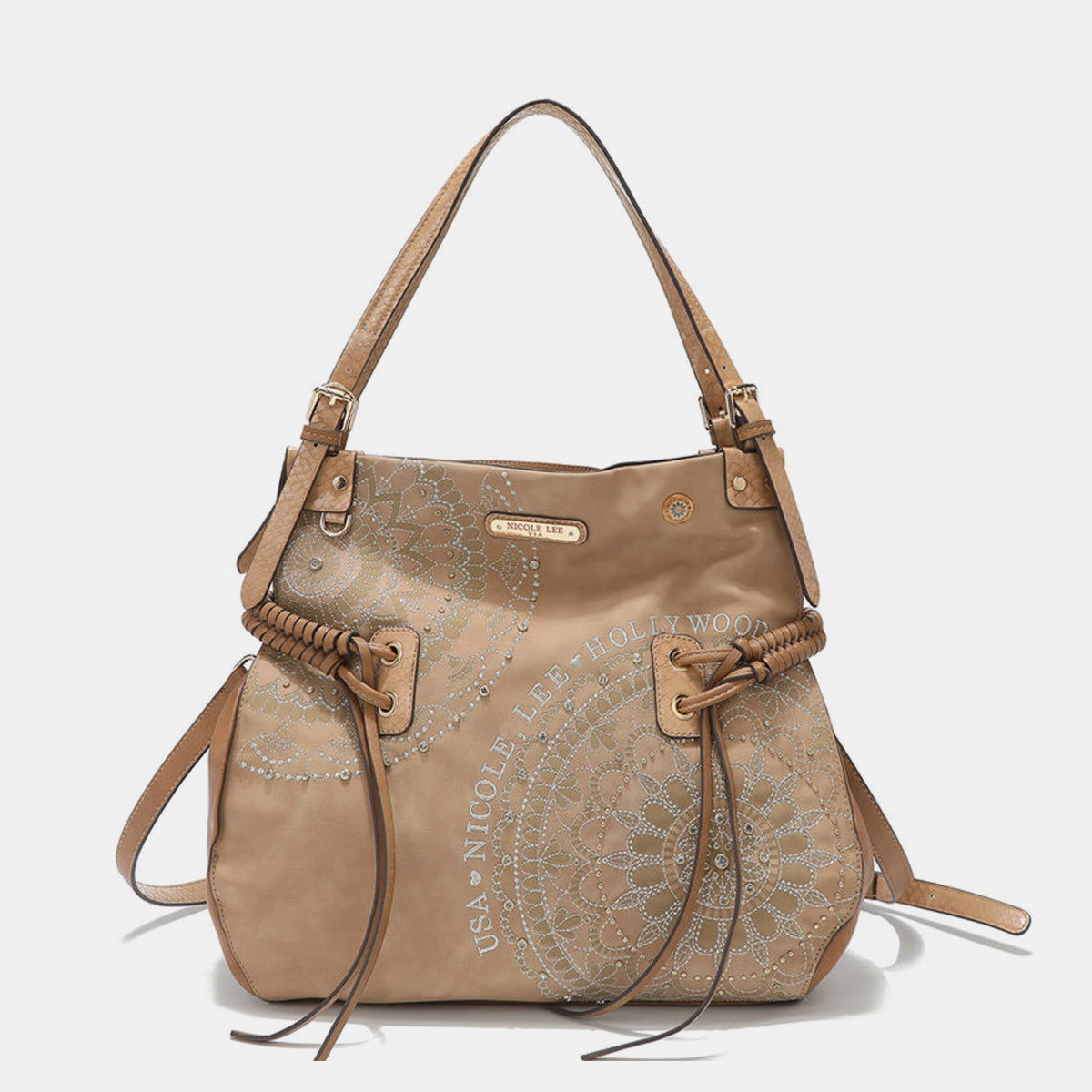 Nicole Lee USA Side Braided Tassel Inlaid Rhinestone Embroidery Hobo Bag - Fashionqueene.com-Nicole Lee USA Side Braided Tassel Inlaid Rhinestone Embroidery Hobo Bag