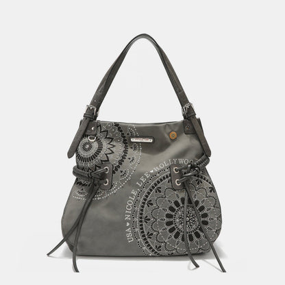 Nicole Lee USA Side Braided Tassel Inlaid Rhinestone Embroidery Hobo Bag - Fashionqueene.com-Nicole Lee USA Side Braided Tassel Inlaid Rhinestone Embroidery Hobo Bag