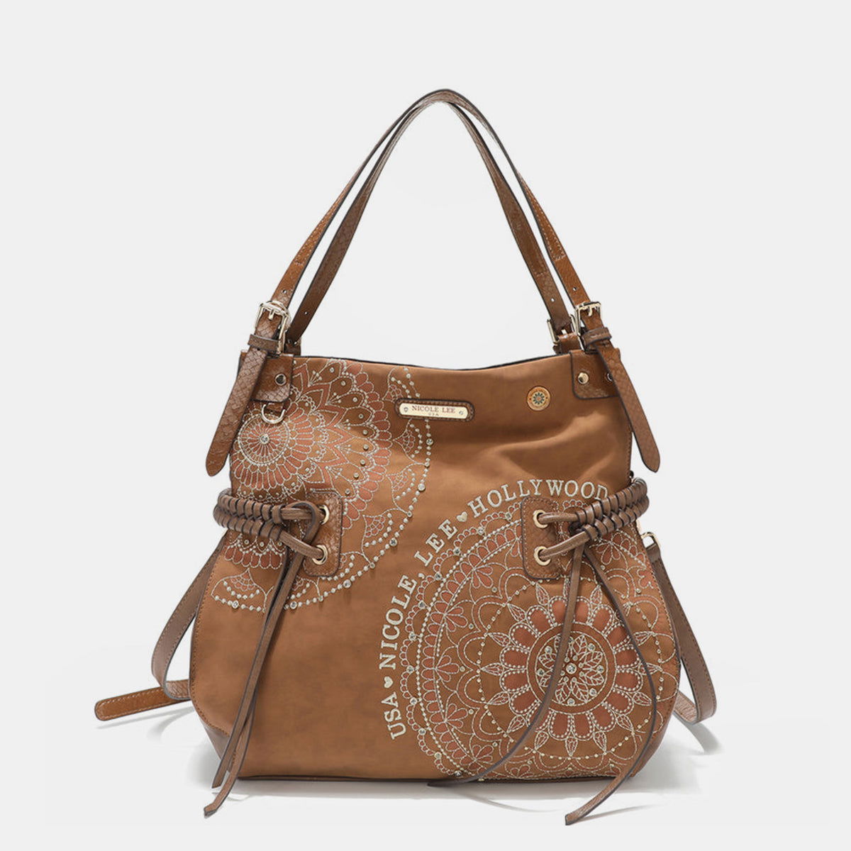 Nicole Lee USA Side Braided Tassel Inlaid Rhinestone Embroidery Hobo Bag - Fashionqueene.com-Nicole Lee USA Side Braided Tassel Inlaid Rhinestone Embroidery Hobo Bag