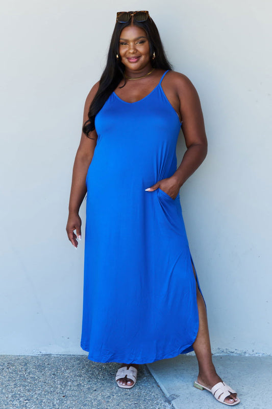 Ninexis Good Energy Full Size Cami Side Slit Maxi Dress in Royal Blue - Fashionqueene.com-Ninexis Good Energy Full Size Cami Side Slit Maxi Dress in Royal Blue