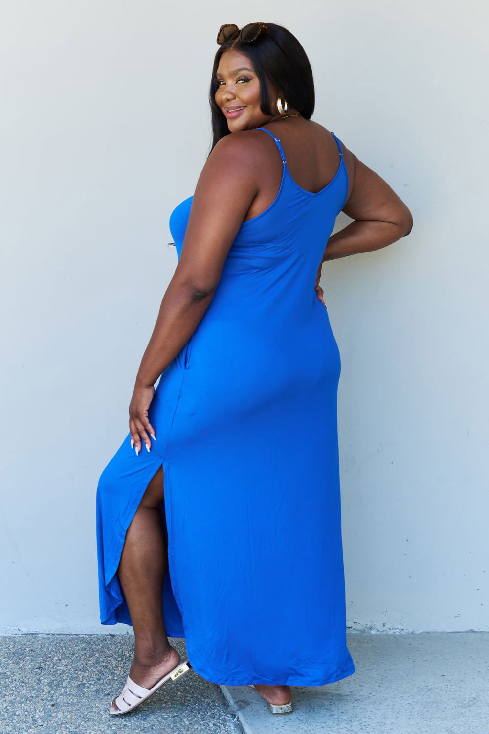 Ninexis Good Energy Full Size Cami Side Slit Maxi Dress in Royal Blue - Fashionqueene.com-Ninexis Good Energy Full Size Cami Side Slit Maxi Dress in Royal Blue