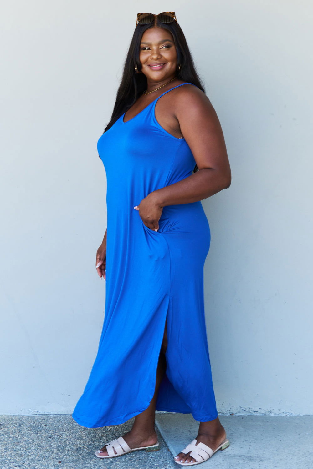 Ninexis Good Energy Full Size Cami Side Slit Maxi Dress in Royal Blue - Fashionqueene.com-Ninexis Good Energy Full Size Cami Side Slit Maxi Dress in Royal Blue