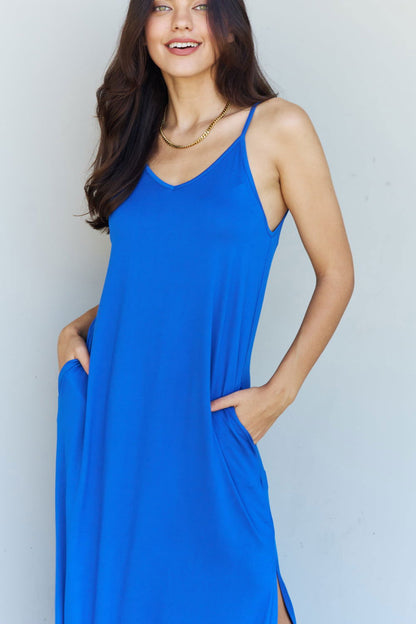 Ninexis Good Energy Full Size Cami Side Slit Maxi Dress in Royal Blue - Fashionqueene.com-Ninexis Good Energy Full Size Cami Side Slit Maxi Dress in Royal Blue