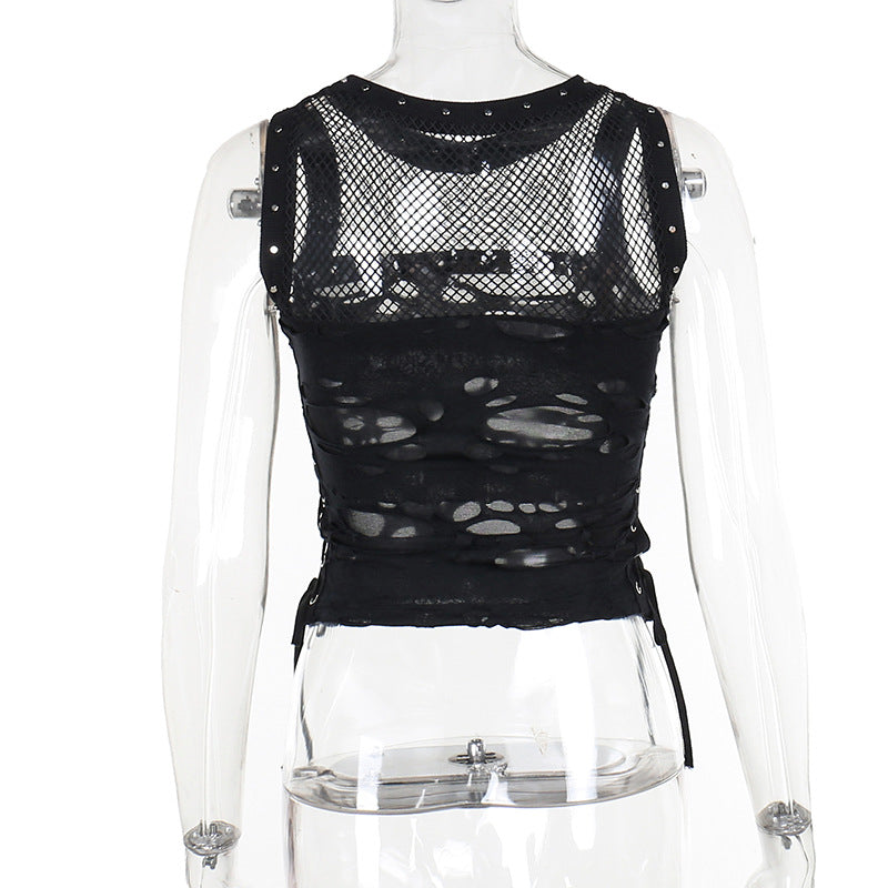 Y2k Hole Vest Women Streetwear Gothic O-neck Mesh Patchwork See Through Crop Tank Tops Black / S Black / L Black / M Black / S-Black / L-Black / M-Black / XL-