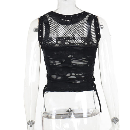 Y2k Hole Vest Women Streetwear Gothic O-neck Mesh Patchwork See Through Crop Tank Tops Black / S Black / L Black / M Black / S-Black / L-Black / M-Black / XL-