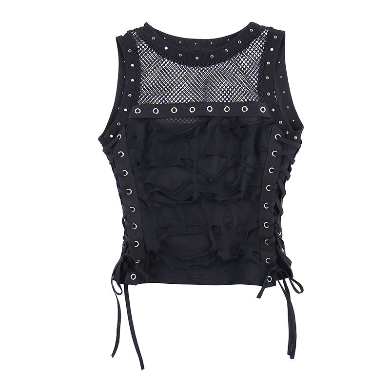 Y2k Hole Vest Women Streetwear Gothic O-neck Mesh Patchwork See Through Crop Tank Tops Black / S Black / L Black / M Black / S-Black / L-Black / M-Black / XL-