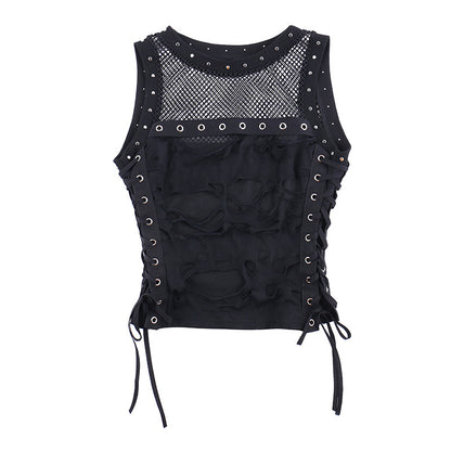 Y2k Hole Vest Women Streetwear Gothic O-neck Mesh Patchwork See Through Crop Tank Tops Black / S Black / L Black / M Black / S-Black / L-Black / M-Black / XL-