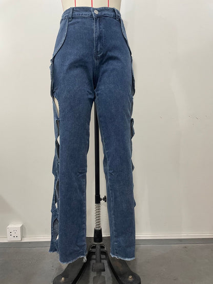 Women Streetwear Cutout Hollow Out Criss Cross Side Wide Leg  Blue Denim Pants