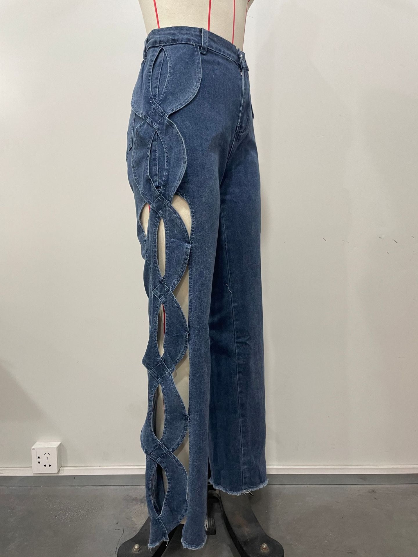 Women Streetwear Cutout Hollow Out Criss Cross Side Wide Leg  Blue Denim Pants