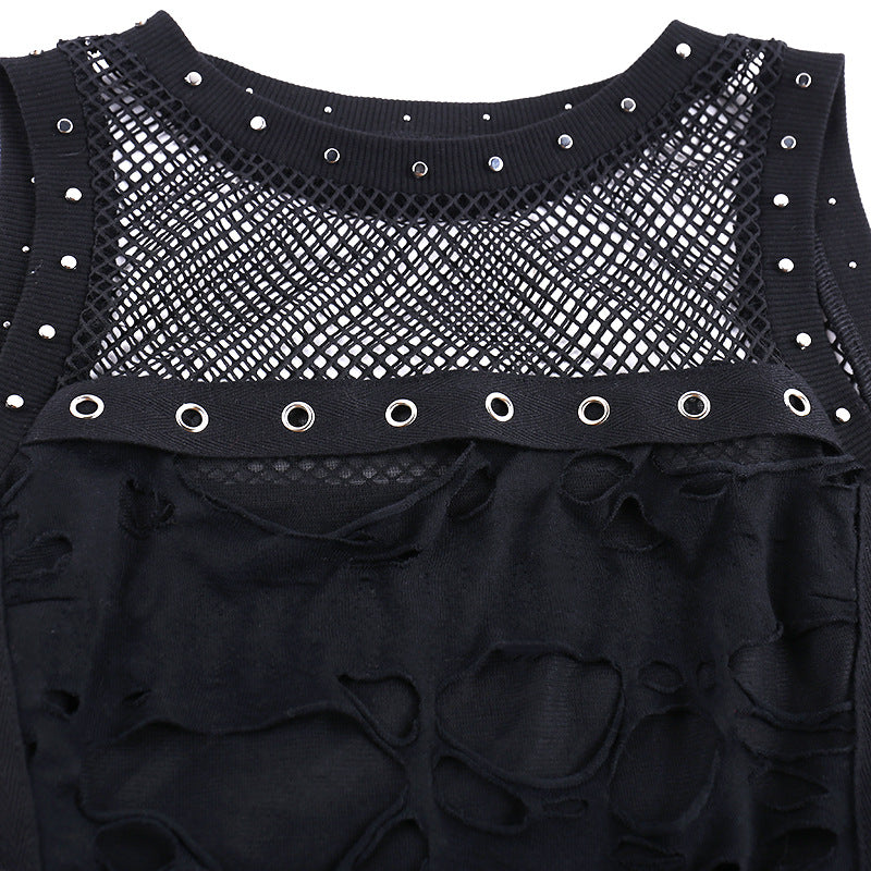 Y2k Hole Vest Women Streetwear Gothic O-neck Mesh Patchwork See Through Crop Tank Tops Black / S Black / L Black / M Black / S-Black / L-Black / M-Black / XL-