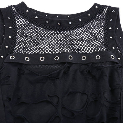 Y2k Hole Vest Women Streetwear Gothic O-neck Mesh Patchwork See Through Crop Tank Tops Black / S Black / L Black / M Black / S-Black / L-Black / M-Black / XL-