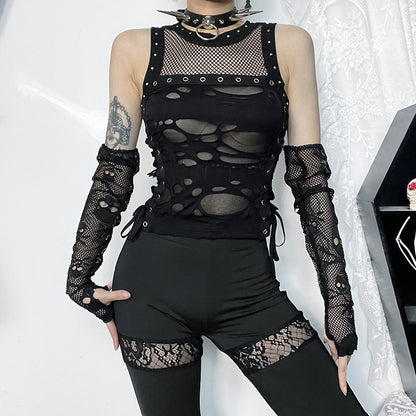 Y2k Hole Vest Women Streetwear Gothic O-neck Mesh Patchwork See Through Crop Tank Tops Black / S Black / L Black / M Black / S-Black / L-Black / M-Black / XL-