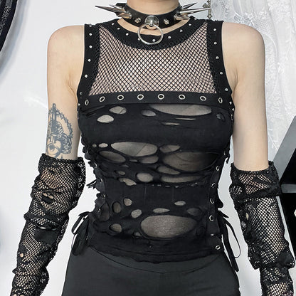 Y2k Hole Vest Women Streetwear Gothic O-neck Mesh Patchwork See Through Crop Tank Tops Black / S Black / L Black / M Black / S-Black / L-Black / M-Black / XL-