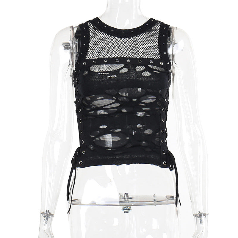 Y2k Hole Vest Women Streetwear Gothic O-neck Mesh Patchwork See Through Crop Tank Tops Black / S Black / L Black / M Black / S-Black / L-Black / M-Black / XL-