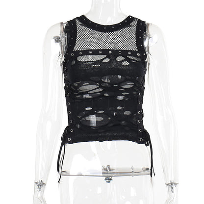 Y2k Hole Vest Women Streetwear Gothic O-neck Mesh Patchwork See Through Crop Tank Tops Black / S Black / L Black / M Black / S-Black / L-Black / M-Black / XL-