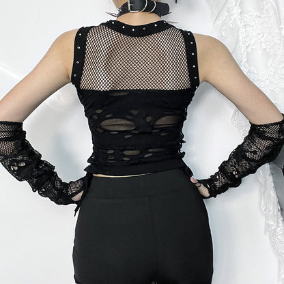Y2k Hole Vest Women Streetwear Gothic O-neck Mesh Patchwork See Through Crop Tank Tops Black / S Black / L Black / M Black / S-Black / L-Black / M-Black / XL-
