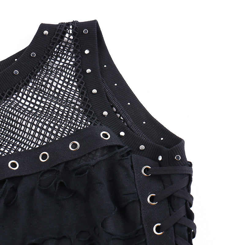 Y2k Hole Vest Women Streetwear Gothic O-neck Mesh Patchwork See Through Crop Tank Tops Black / S Black / L Black / M Black / S-Black / L-Black / M-Black / XL-