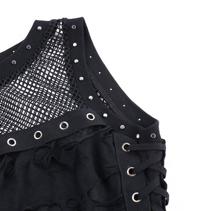 Y2k Hole Vest Women Streetwear Gothic O-neck Mesh Patchwork See Through Crop Tank Tops Black / S Black / L Black / M Black / S-Black / L-Black / M-Black / XL-