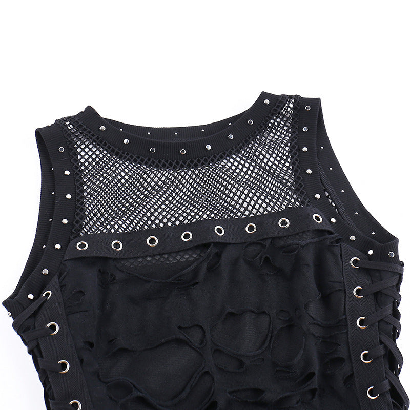 Y2k Hole Vest Women Streetwear Gothic O-neck Mesh Patchwork See Through Crop Tank Tops Black / S Black / L Black / M Black / S-Black / L-Black / M-Black / XL-